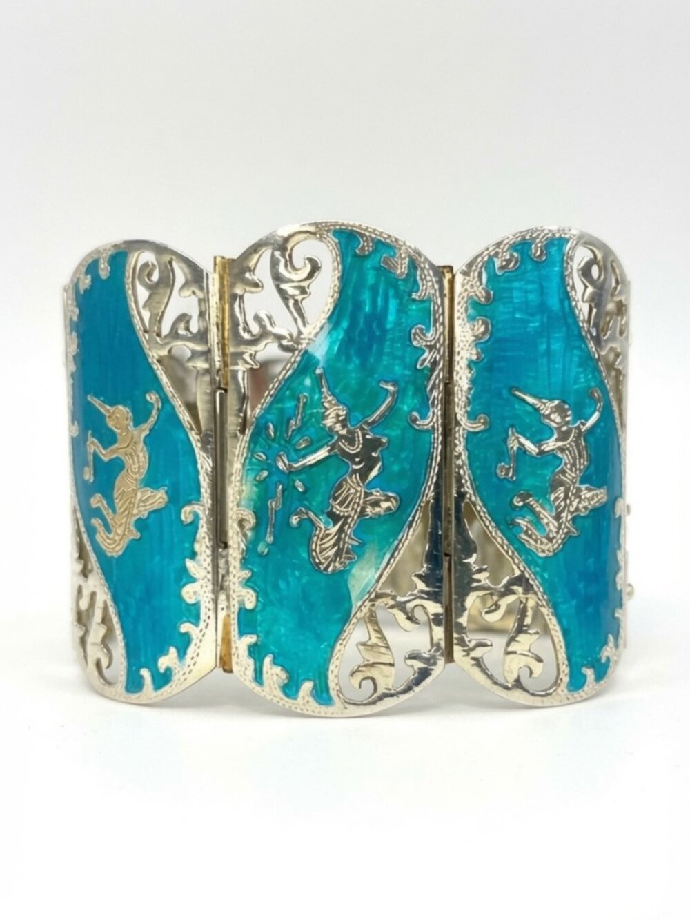Sterling Silver Siam, Blue Enamel Bracelet, Ramasura / Mekkala, Panel Link
